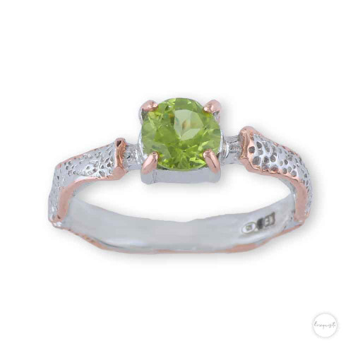 Sterling Silver Peridot Rose Gold Dual Finish Áine Solitaire Ring Close up from front