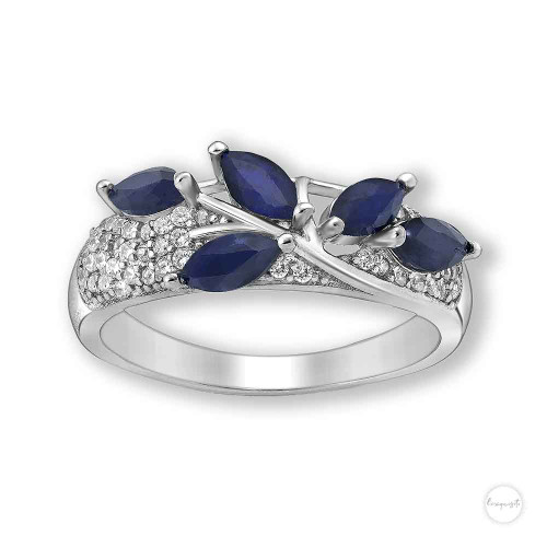Sterling Silver Blue Sapphire & Cubic Zircon Vine Band Ring Close up