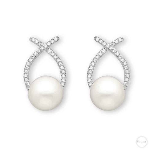 Sterling Silver Freshwater Pearl & Cubic Zircon Ichthus Stud Earrings Close up