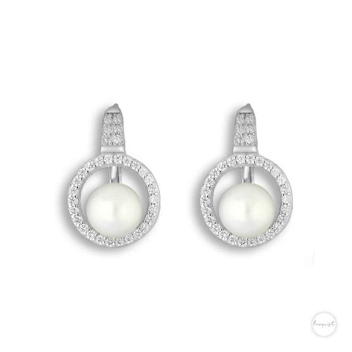 Sterling Silver Freshwater Pearl & Cubic Zircon Circle Hoop Earrings close up