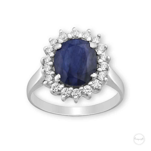 Oval Royal Halo Ring with Blue Sapphire & Cubic Zircon in Sterling Silver Close up