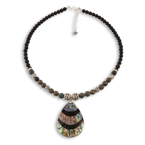 Lexquisite Natural Pyrite And Tourmaline Matinee Necklace with Paua Shell Pendant