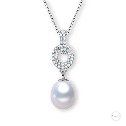 Sterling Silver White Freshwater Pearl & Cubic Zircon Oval Link Drop Pendant Necklace