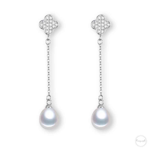 Sterling Silver Freshwater Pearl  Pearl & Cubic Zircon Drop Earrings