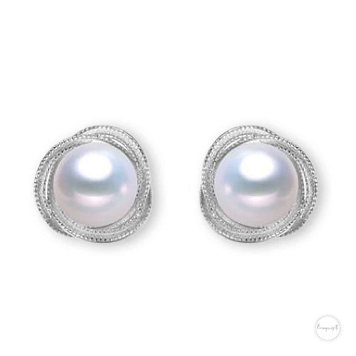 White Freshwater Pearl Trinity Halo Stud Earrings in Sterling Silver Close up