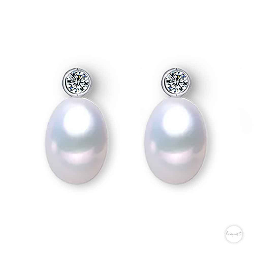 Drop Stud Earrings with Freshwater Pearl & Cubic Zircon in Sterling Silver