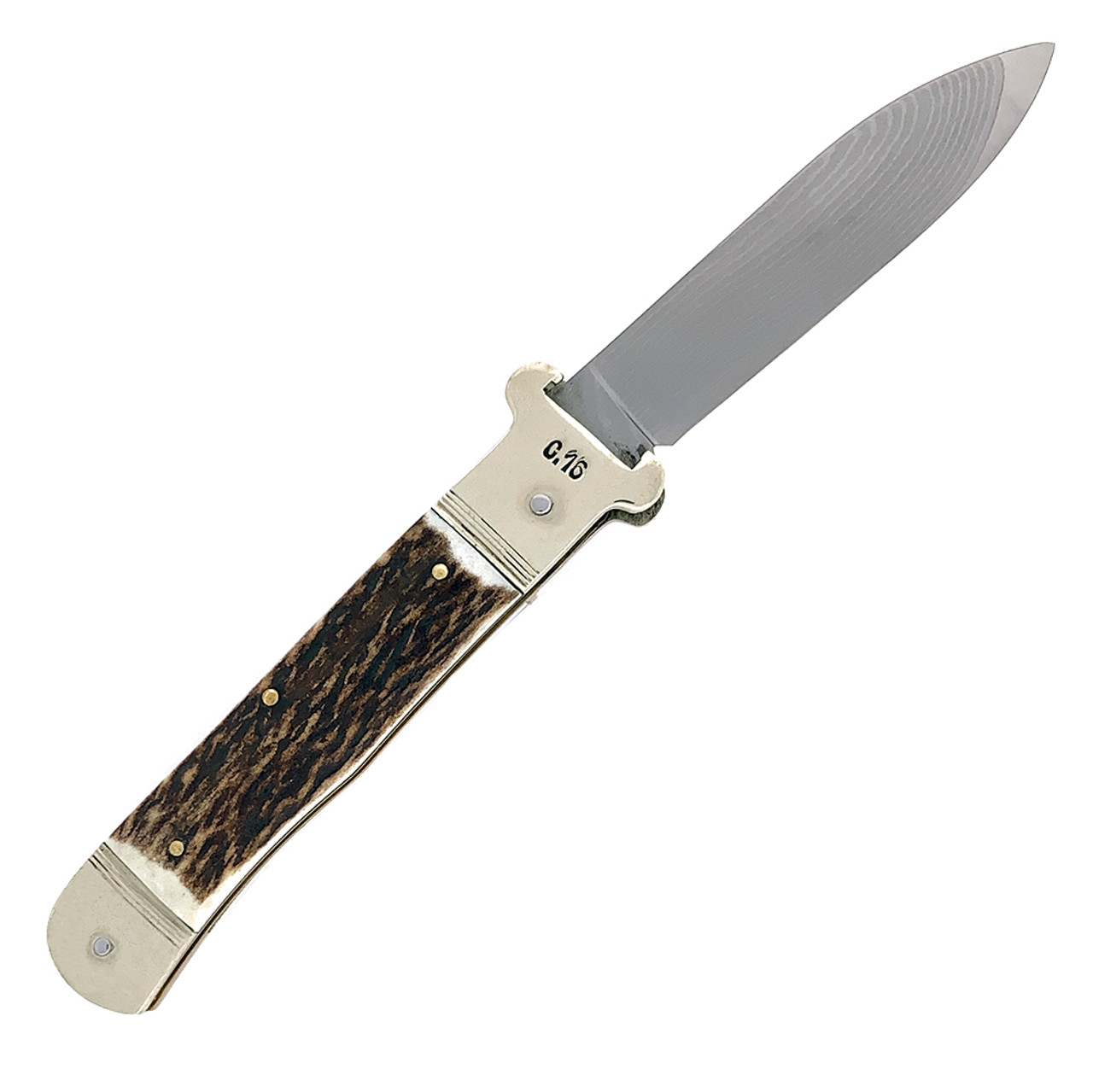 Hubertus Large Shell Puller Auto Stag Handle Laminated Suminagashi Damascus Blade 11SCPHHDM