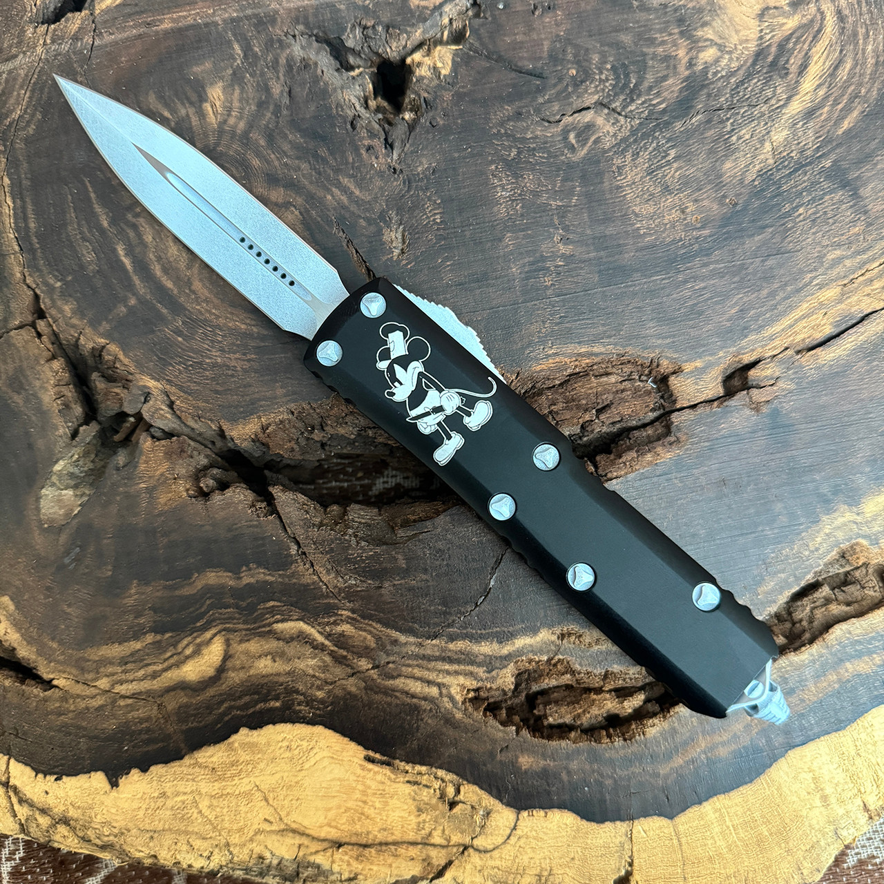 Microtech UTX-85 D/E Steamboat Willie Black Handle Distressed