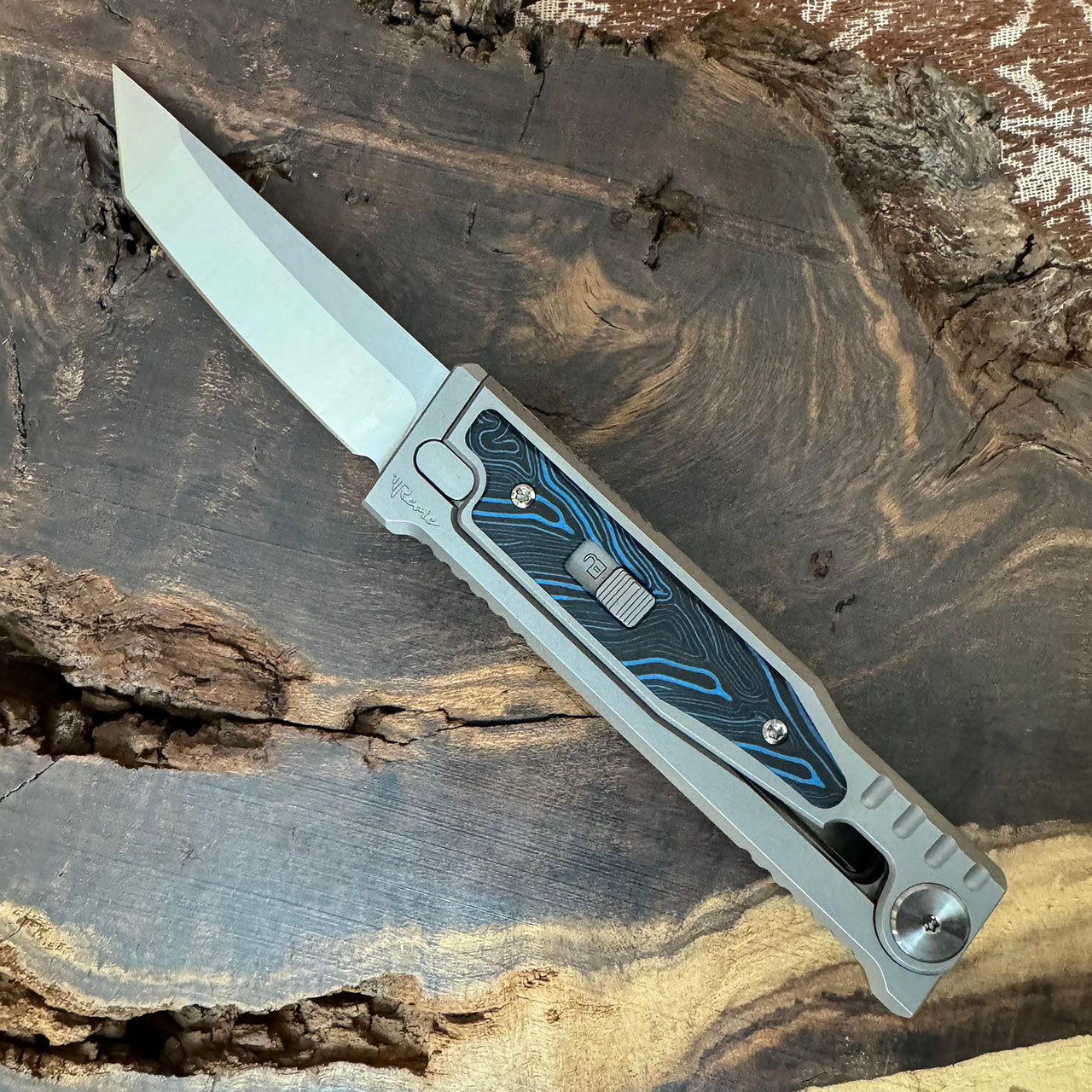 Reate EXO M T/E Gravity Knife Titanium Handle w/ Blue Black G10
