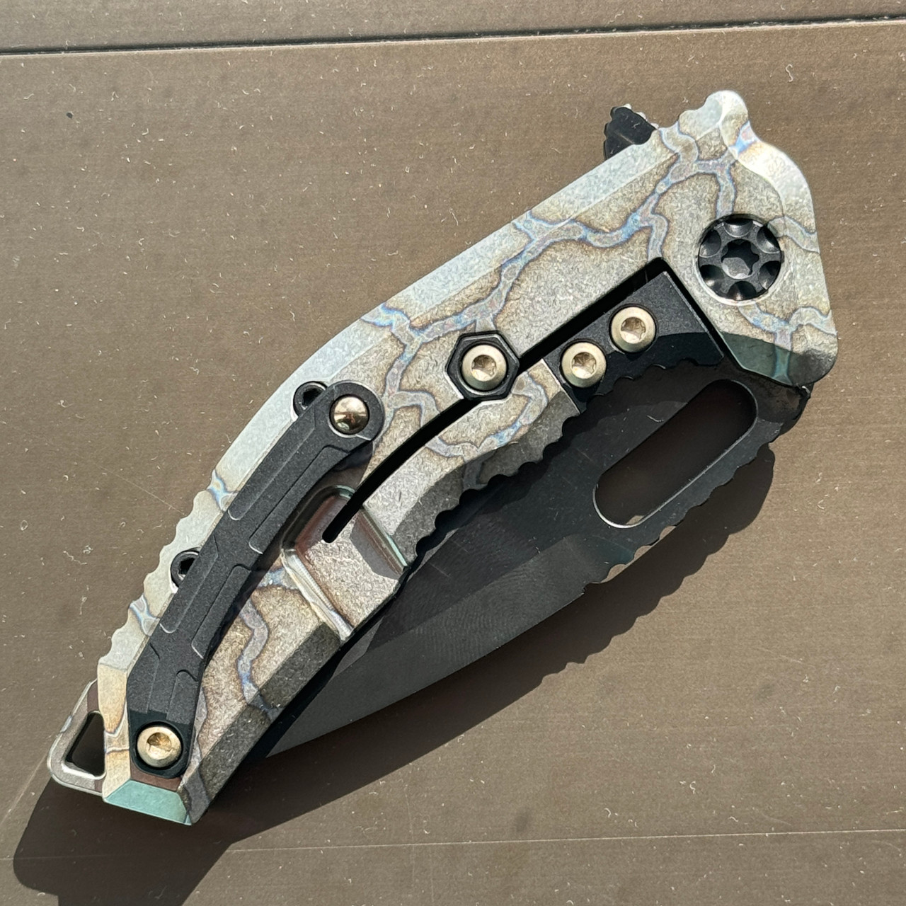 Heretic Knives Medusa Manual Tanto Flamed Titanium Handle DLC