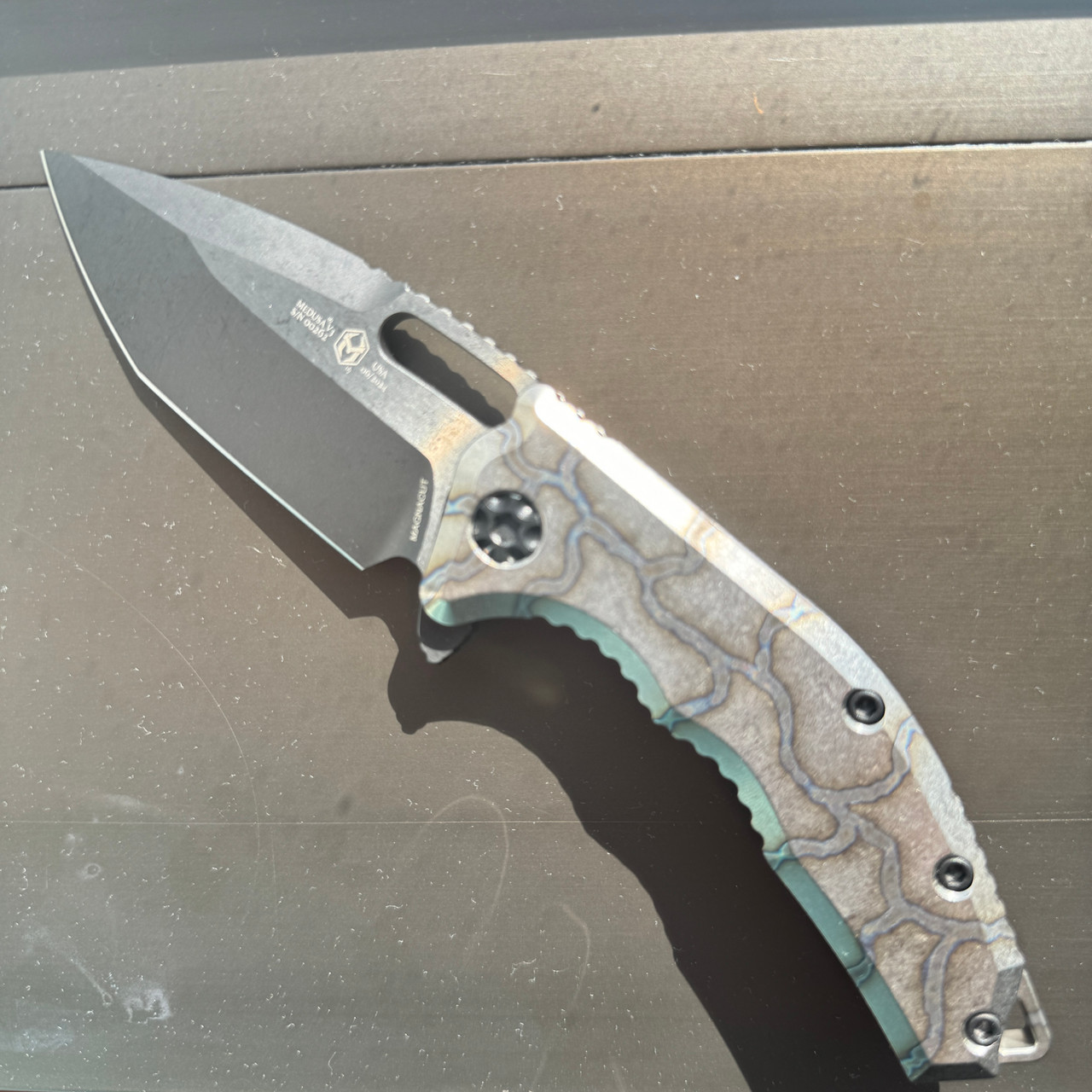 Heretic Knives Medusa Manual Tanto Flamed Titanium Handle DLC
