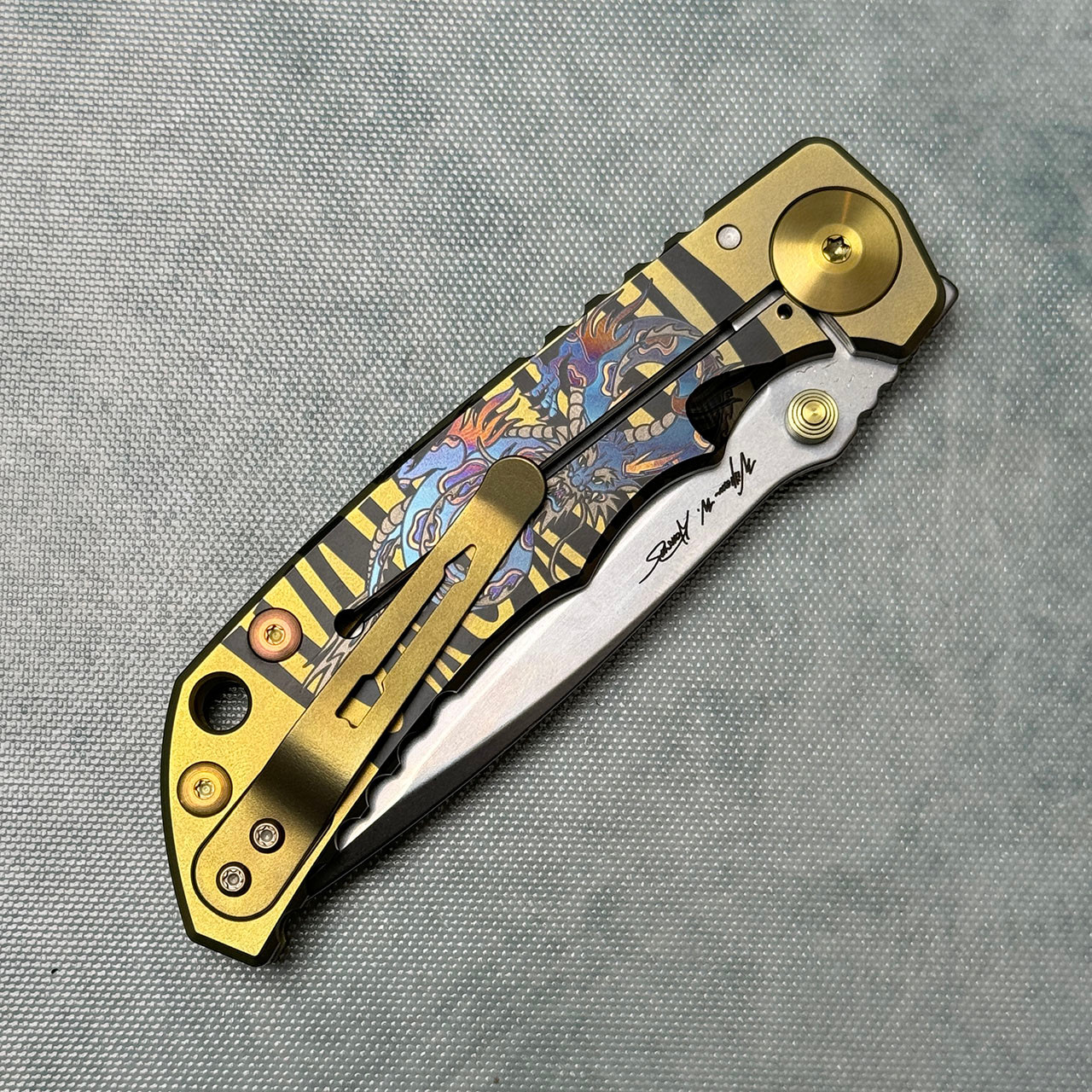 Spartan Blades Harsey Folder SHF Custom Engraved Dragon Gold