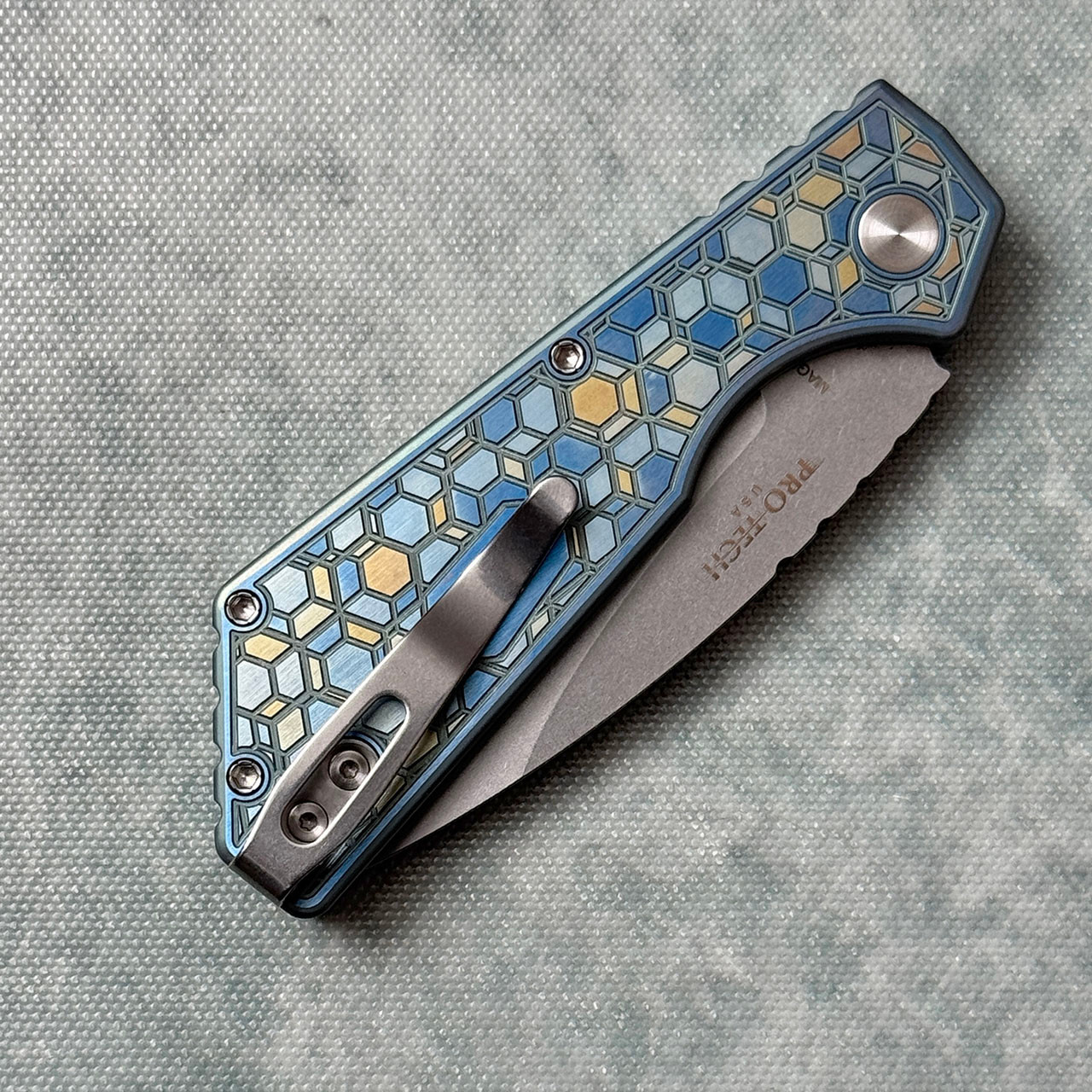 Pro-Tech Strider PT+ Auto Unique Anodized Blue/Gold Gridlock Titanium ...