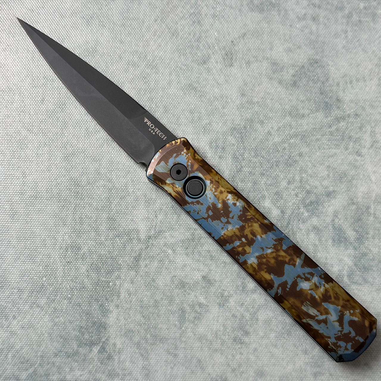Pro-Tech Godfather Unique Anodized Blue/Brow/Tan Handle DLC Blade ...