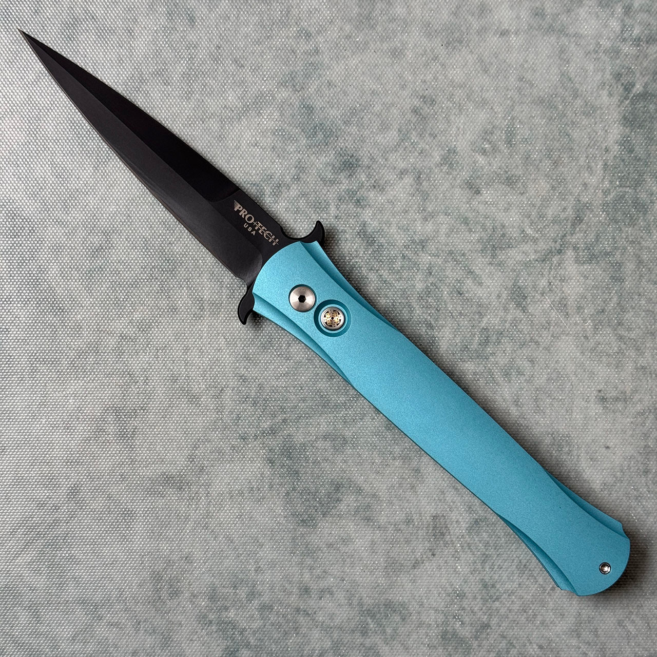 Pro-Tech Large Don Tiffany Blue Handles Black Blade Mosaic Button