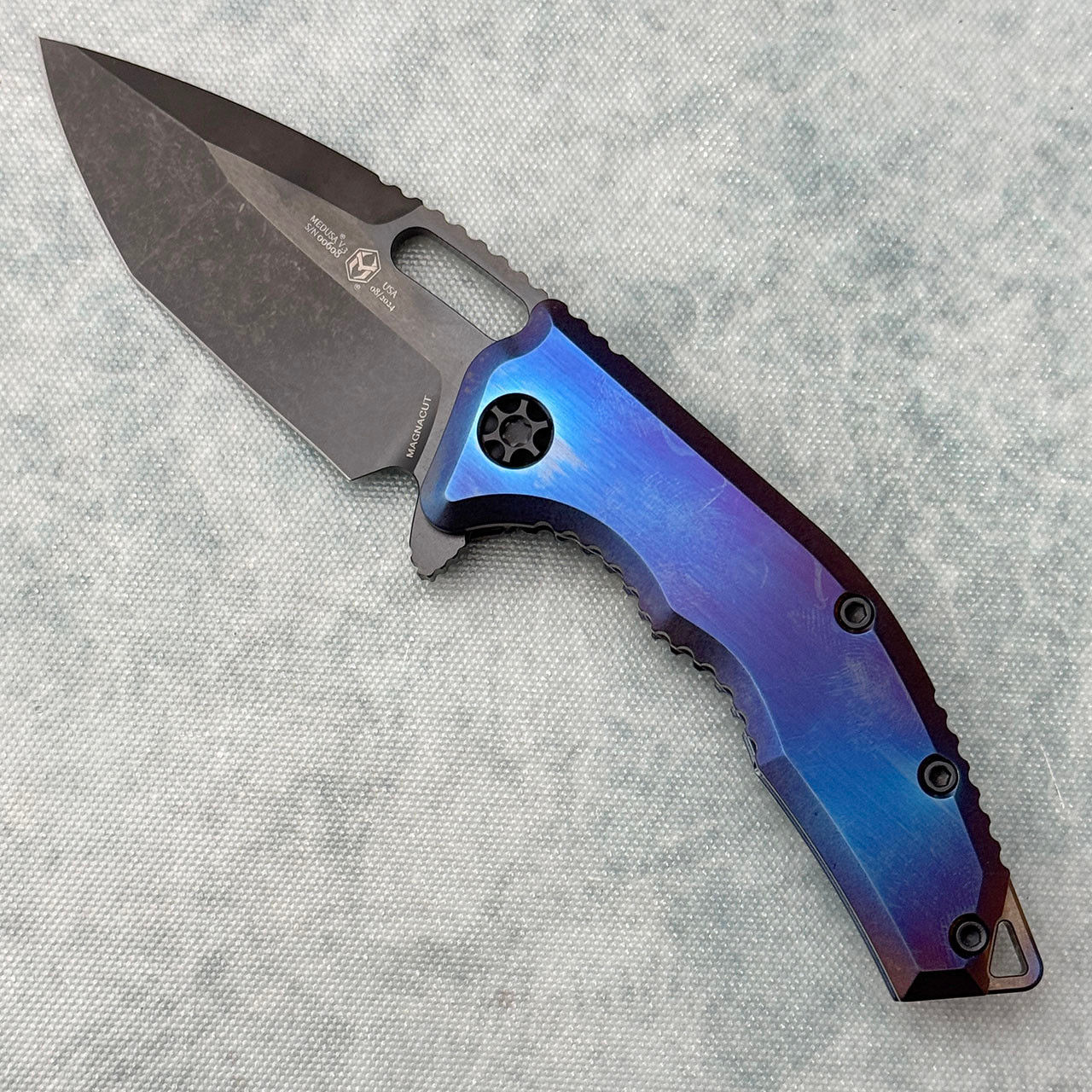 Heretic Knives Medusa Manual Tanto Blurple Titanium Handle DLC