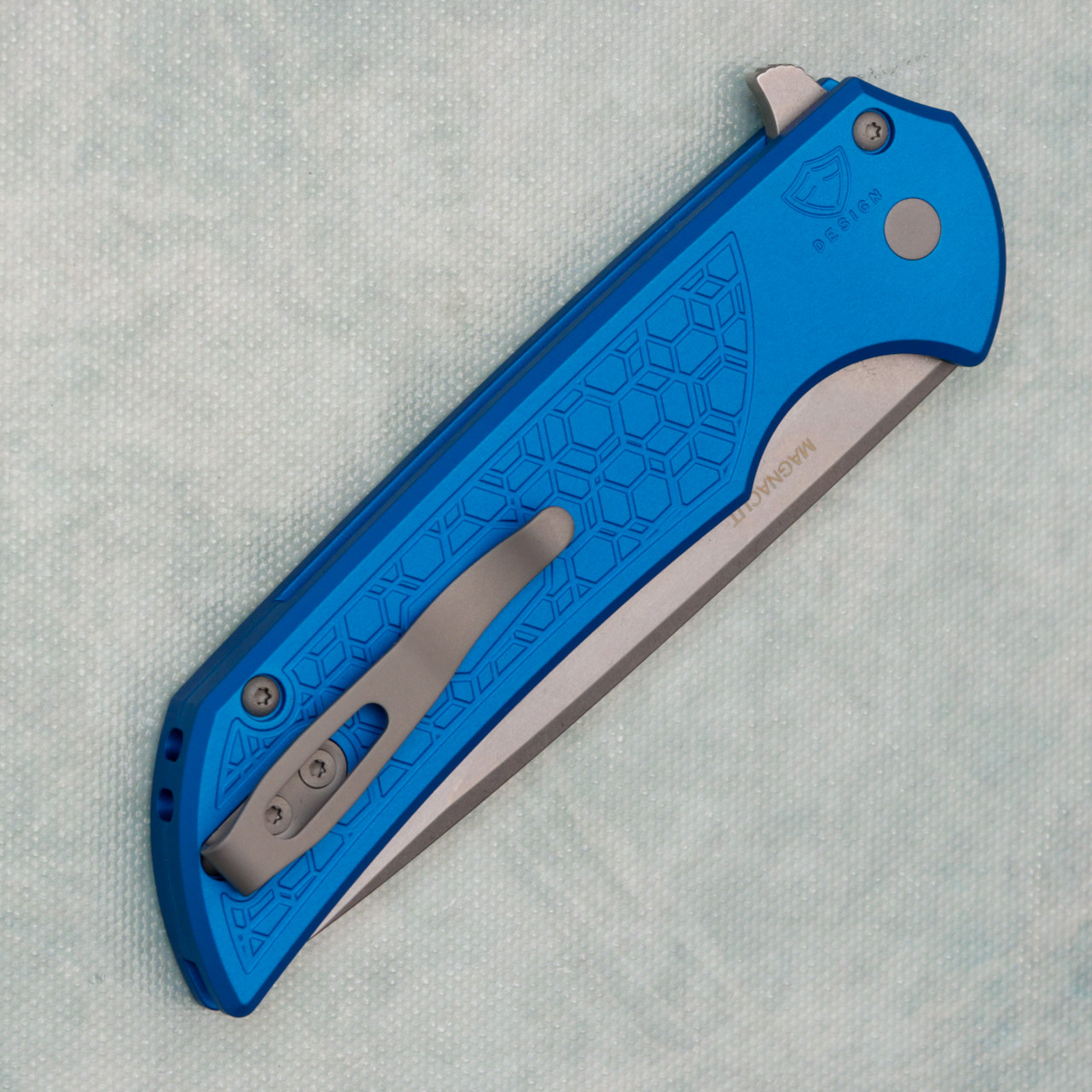 Pro-Tech Mordax Button Lock Flipper Gridlock Textured Blue Handle