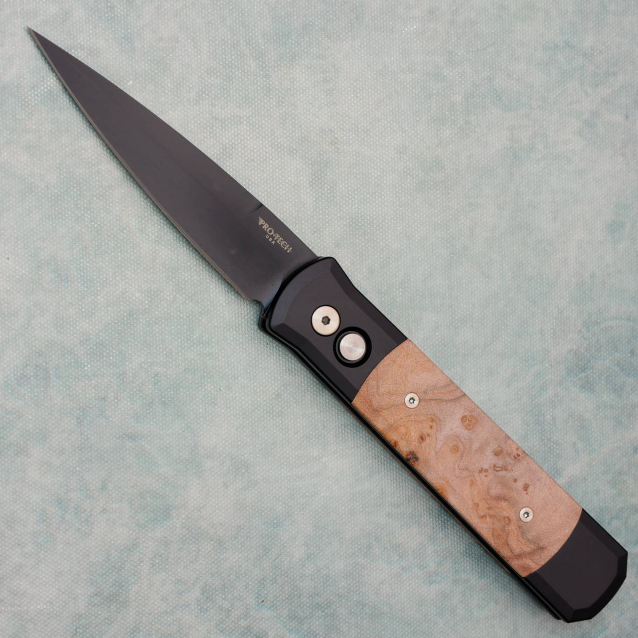 Pro-Tech Godfather Black Handle w/ Maple Burl Wood Inlays DLC
