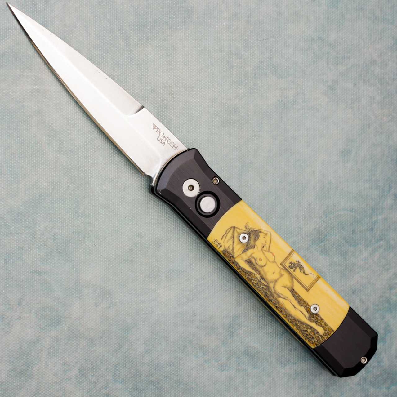 Pro-Tech Godfather Black Handle w/ Scrimshaw Mammoth Ivory Inlays