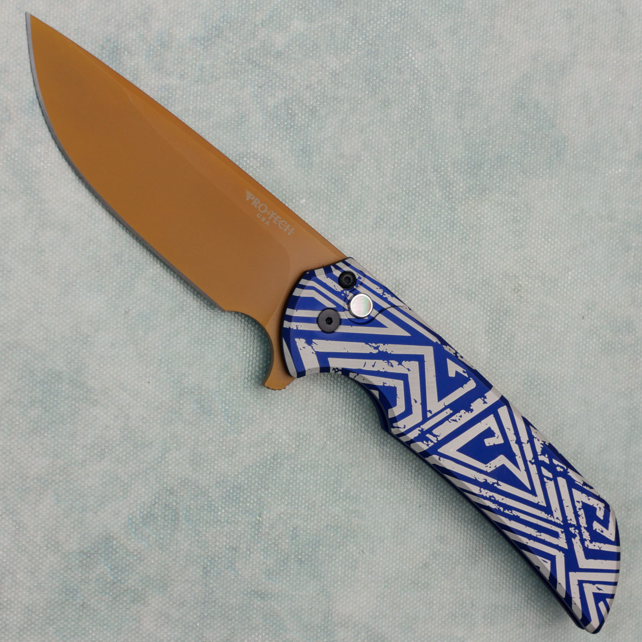 Pro-Tech Mordax Button Lock Flipper Navy Blue/Abstract Lasered