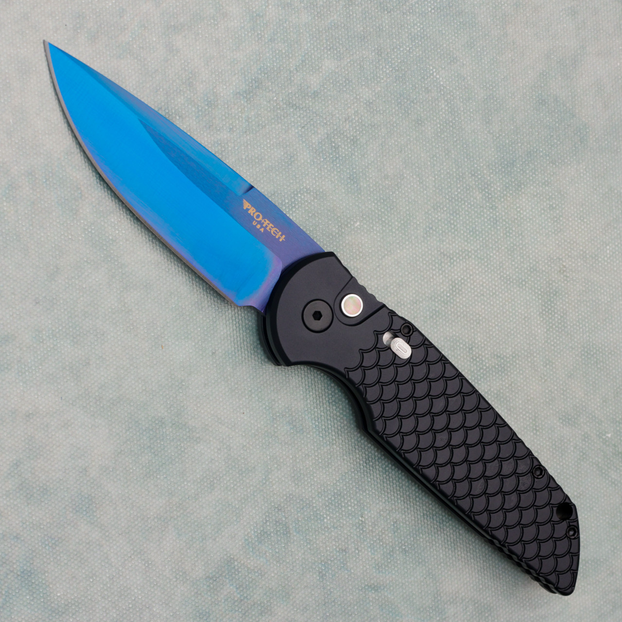Pro-Tech TR-3 X1 Fish Scale Black Handle w/ Safety Sapphire Blue
