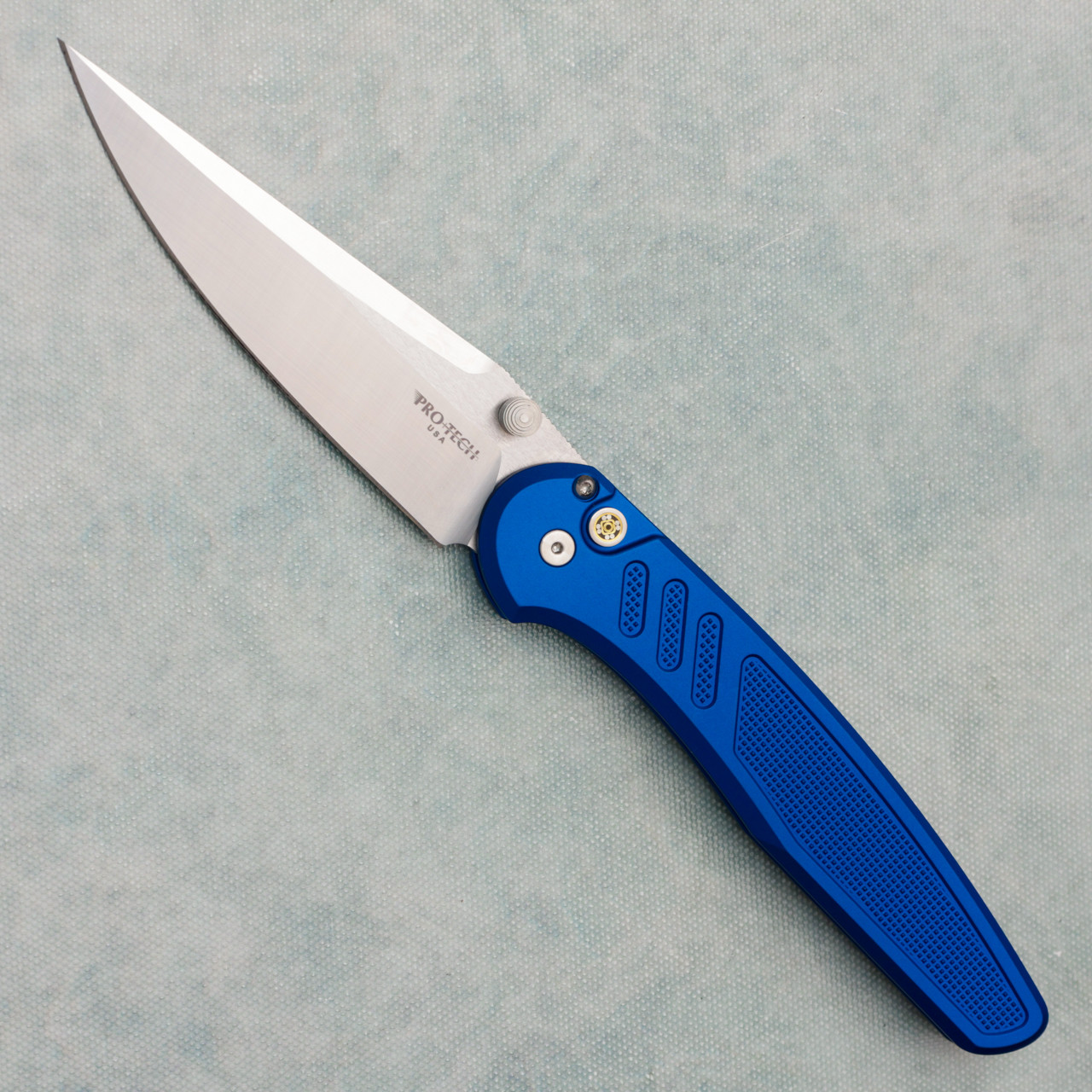 Pro-Tech Avalon Button Lock Knurled Blue Handle Satin Blade