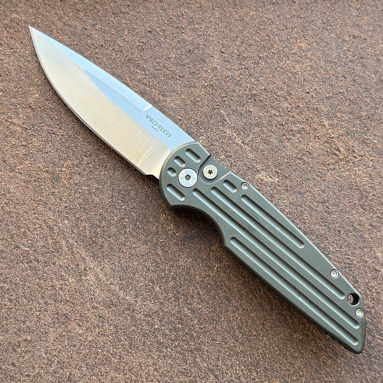Pro-Tech TR-3 Green Grooved Handle Stonewash 154CM Blade Mosaic
