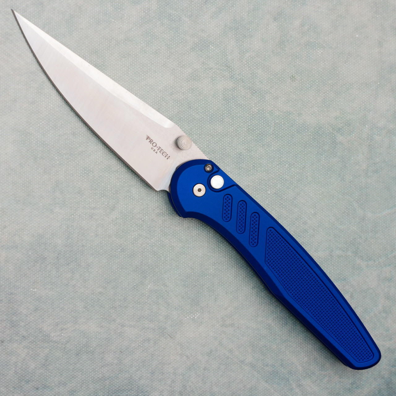 Pro-Tech Avalon Button Lock Knurled Blue Handle Satin Blade PN1100