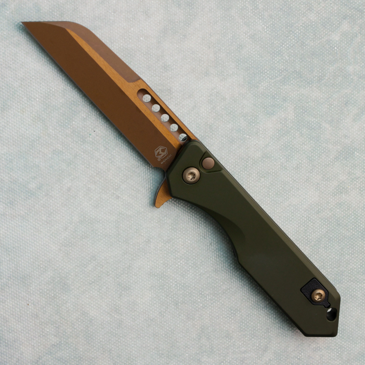 Heretic Knives Jinn Manual Button Lock OD Green Handle Bronze
