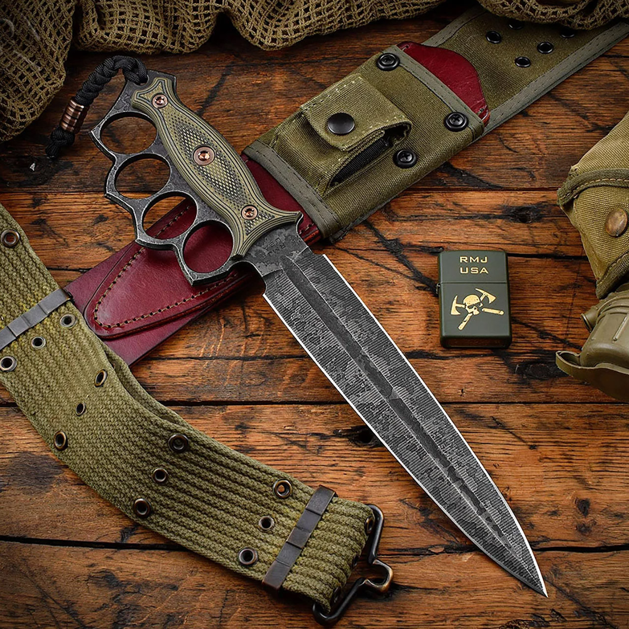 RMJ USA Lady Death Fixed Blade Dirty Olive G10 Handle Acid Etched