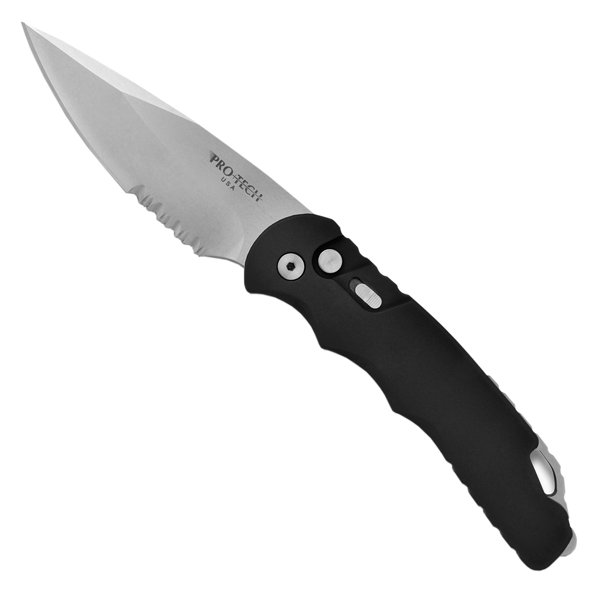 Pro-Tech TR-4.2 Solid Black Handle Stonewash Serrated Blade