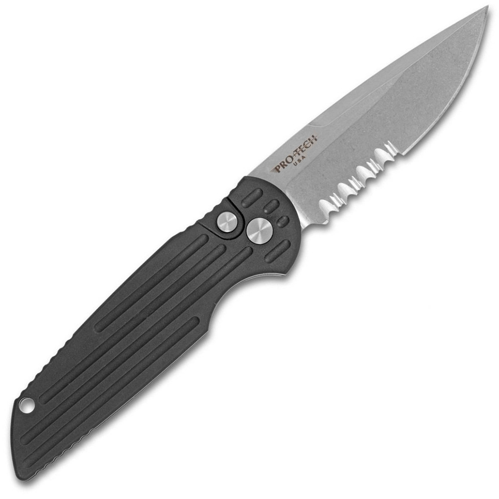 Pro-Tech TR-3 L1PS Left Handed Black Handle Stonewash Serrated