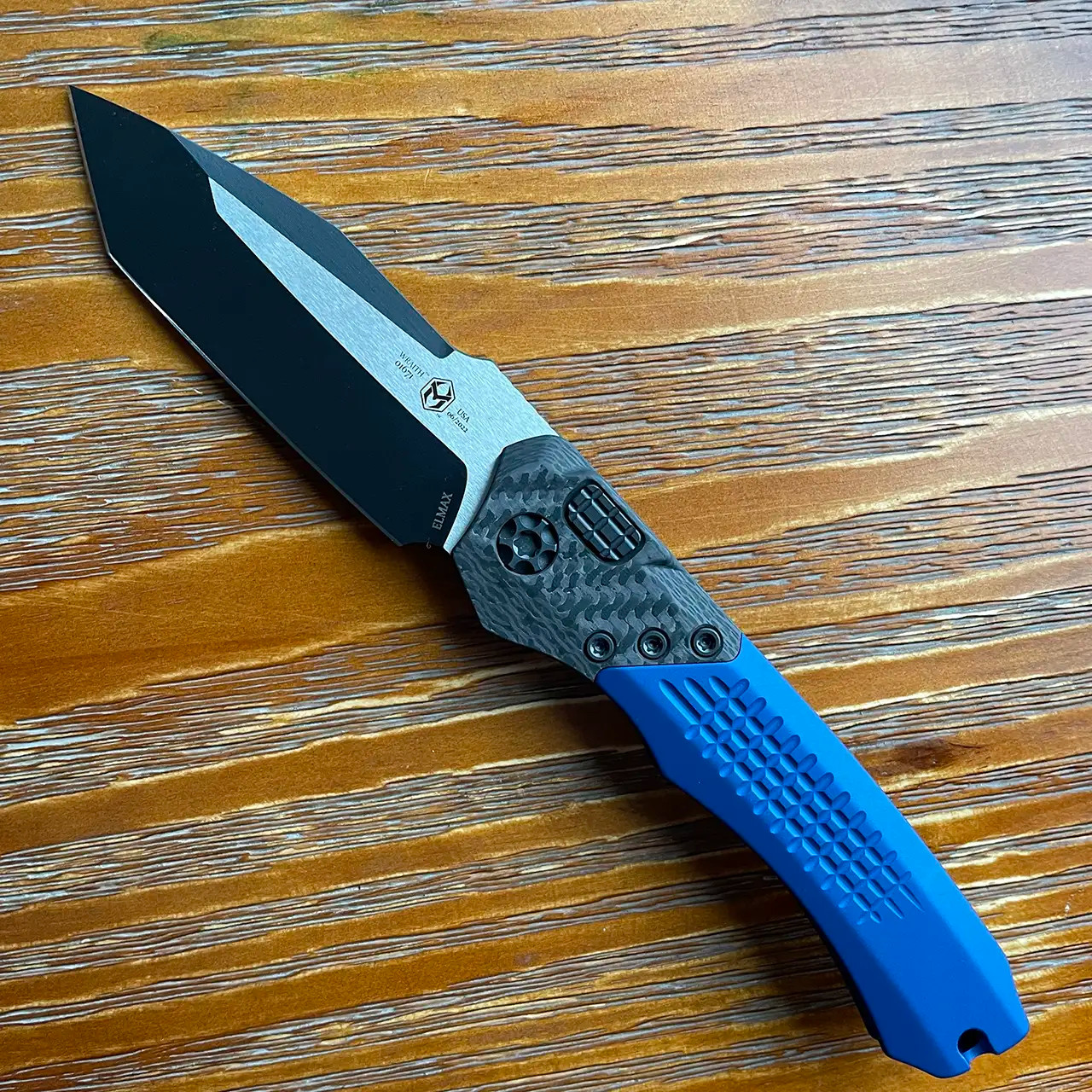 Heretic Knives Wraith Auto Tanto Blue Handle Battleworn Two Tone Black ...