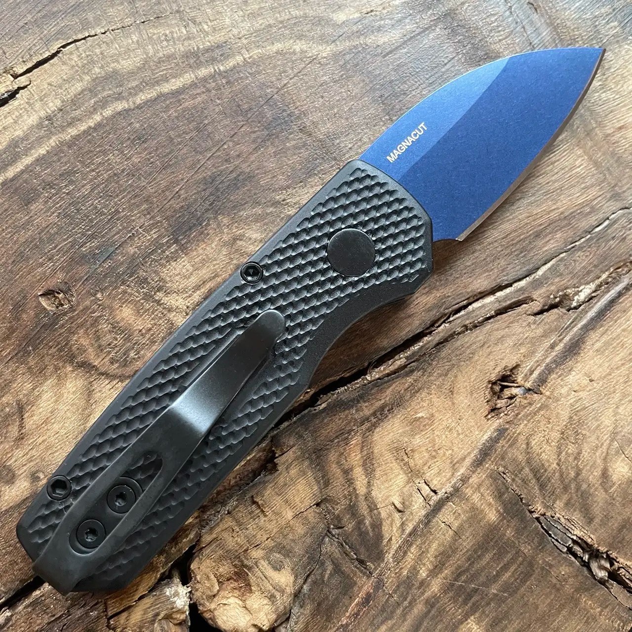 Pro-Tech Runt 5 Wharncliffe Textured Black Handle Sapphire Blue ...