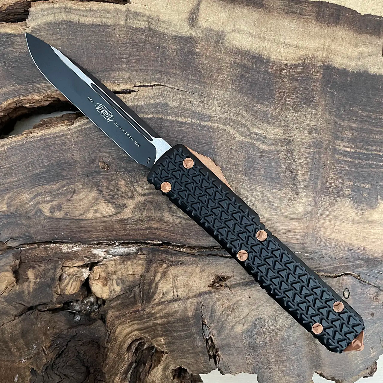 Microtech Ultratech S/E EKnives Exclusive Black Tri-Grip Copper