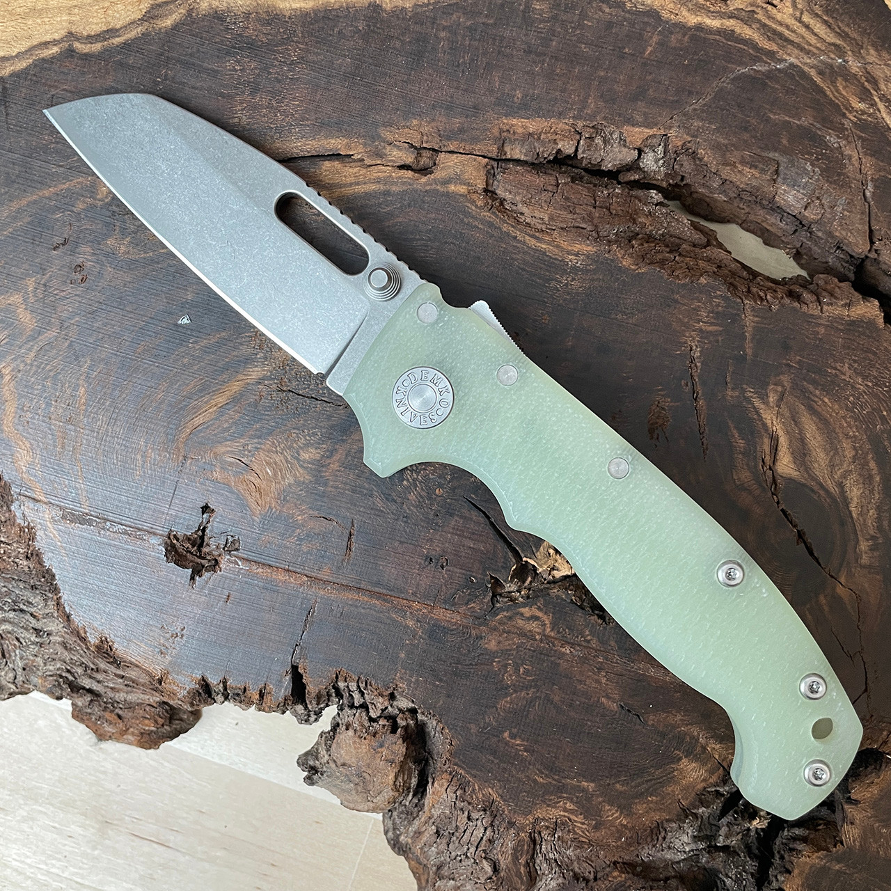 Demko MG AD20S Shark Lock Natural Jade G10 Handle Stonewash Shark