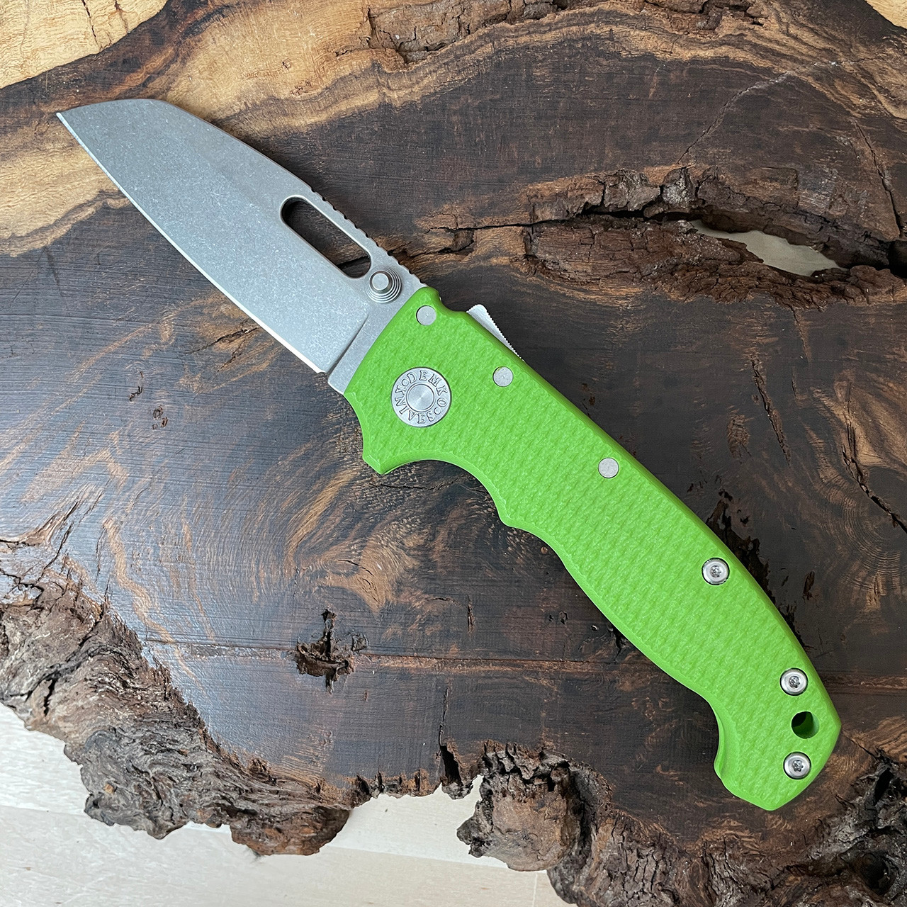 Demko MG AD20S Shark Lock Neon Green G10 Handle Stonewash Shark