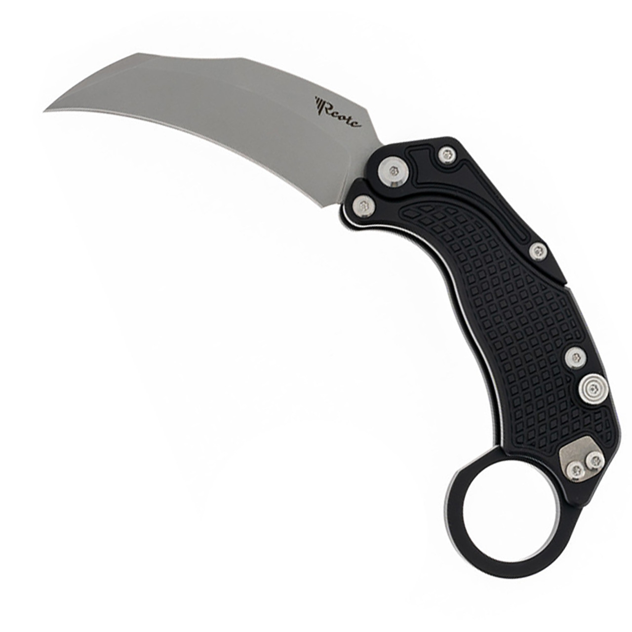 Reate Knives EXO-K Gravity Karambit Button Lock Knife Stonewash Blade w/  Oxidized Purple Aluminum Handle and Trainer - Tactical Elements Inc