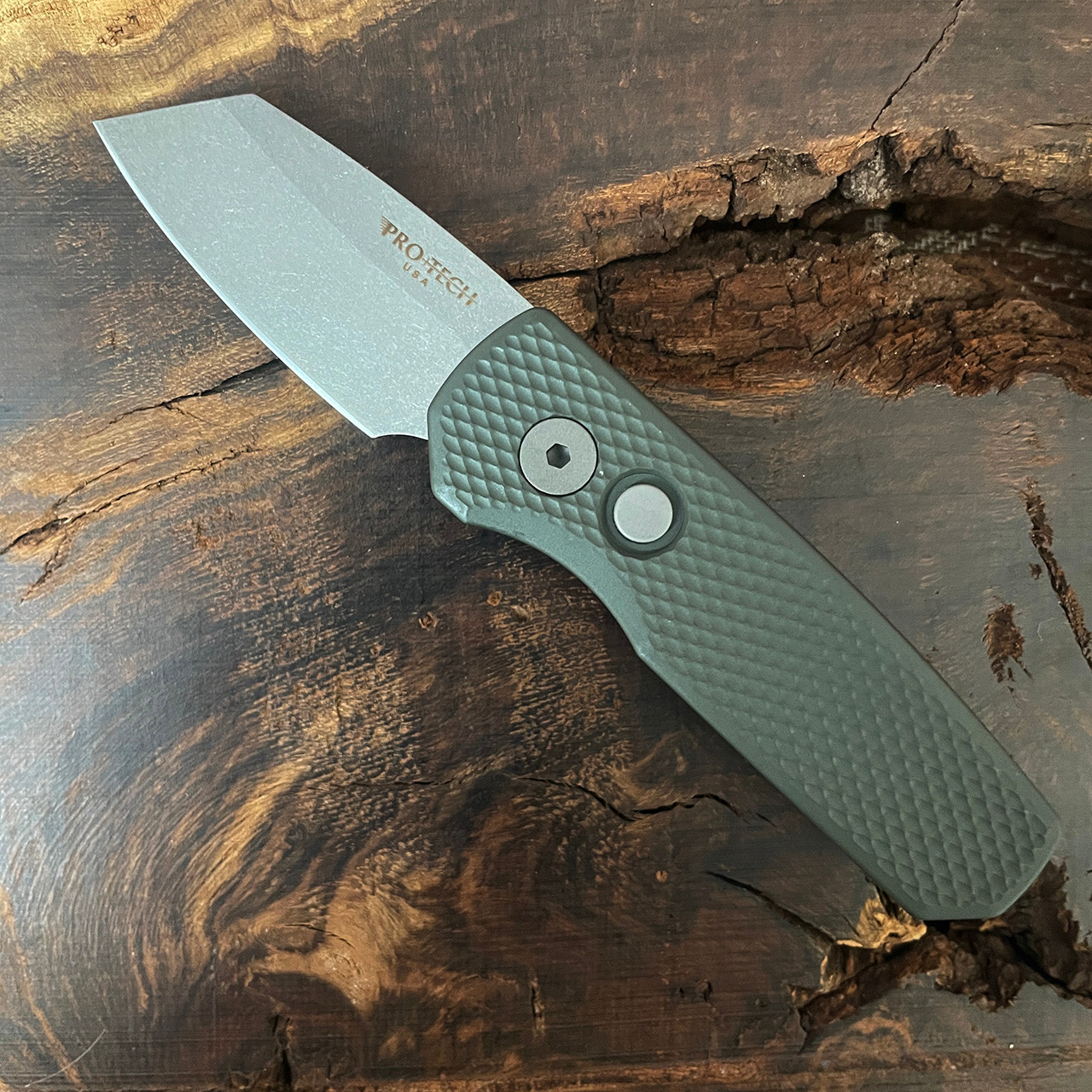 Pro-Tech Runt 5 Reverse Tanto Textured Green Handle Stonewash