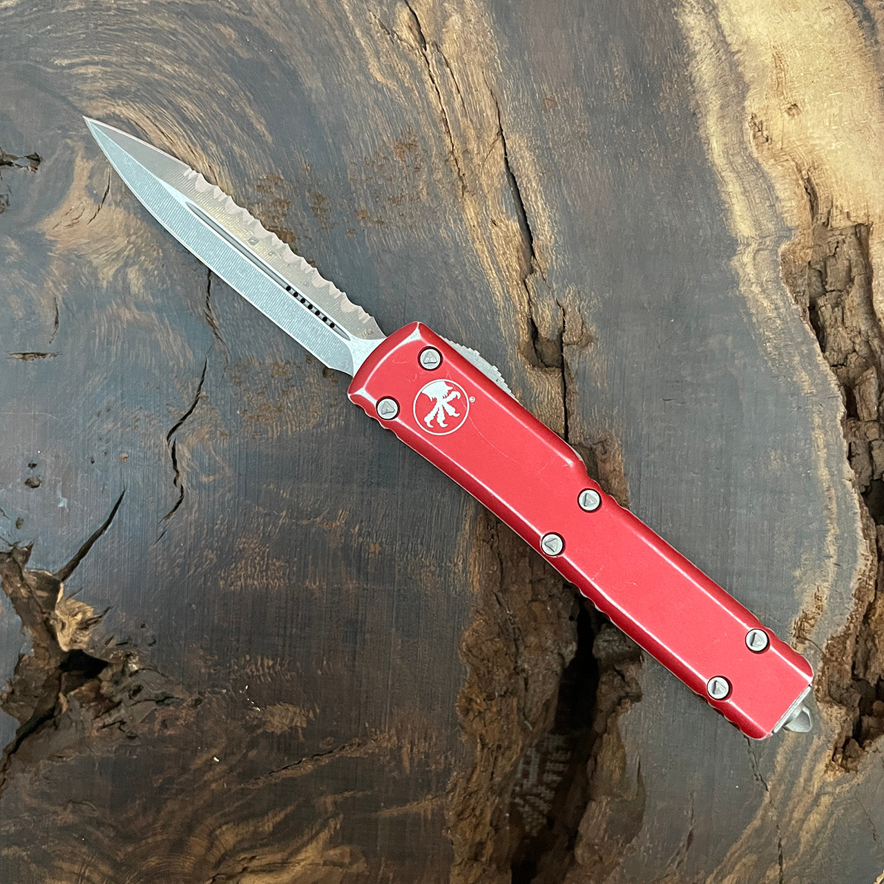 Microtech UTX-70 D/E Distressed Red Handle Apocalyptic Full