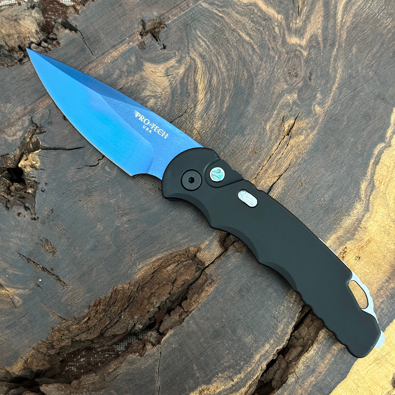 Pro-Tech TR-5 Auto Limited Solid Black Handle Sapphire Blue Blade