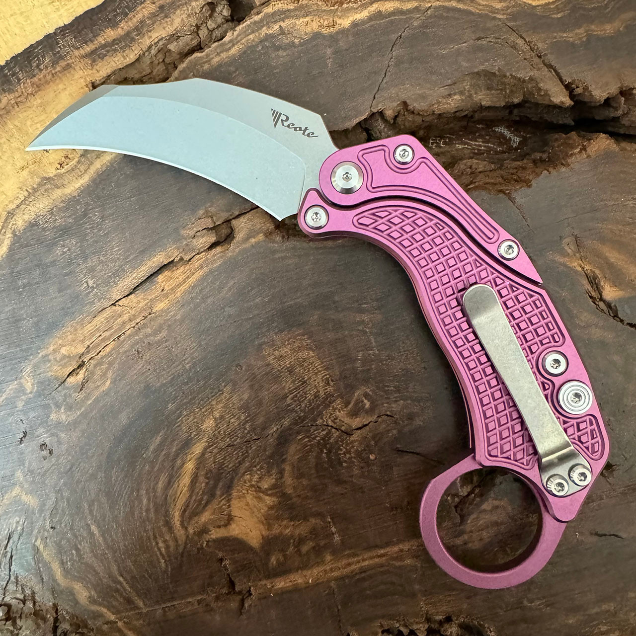 Reate Knives EXO-K Gravity Karambit Button Lock Knife Stonewash Blade w/  Oxidized Purple Aluminum Handle and Trainer - Tactical Elements Inc