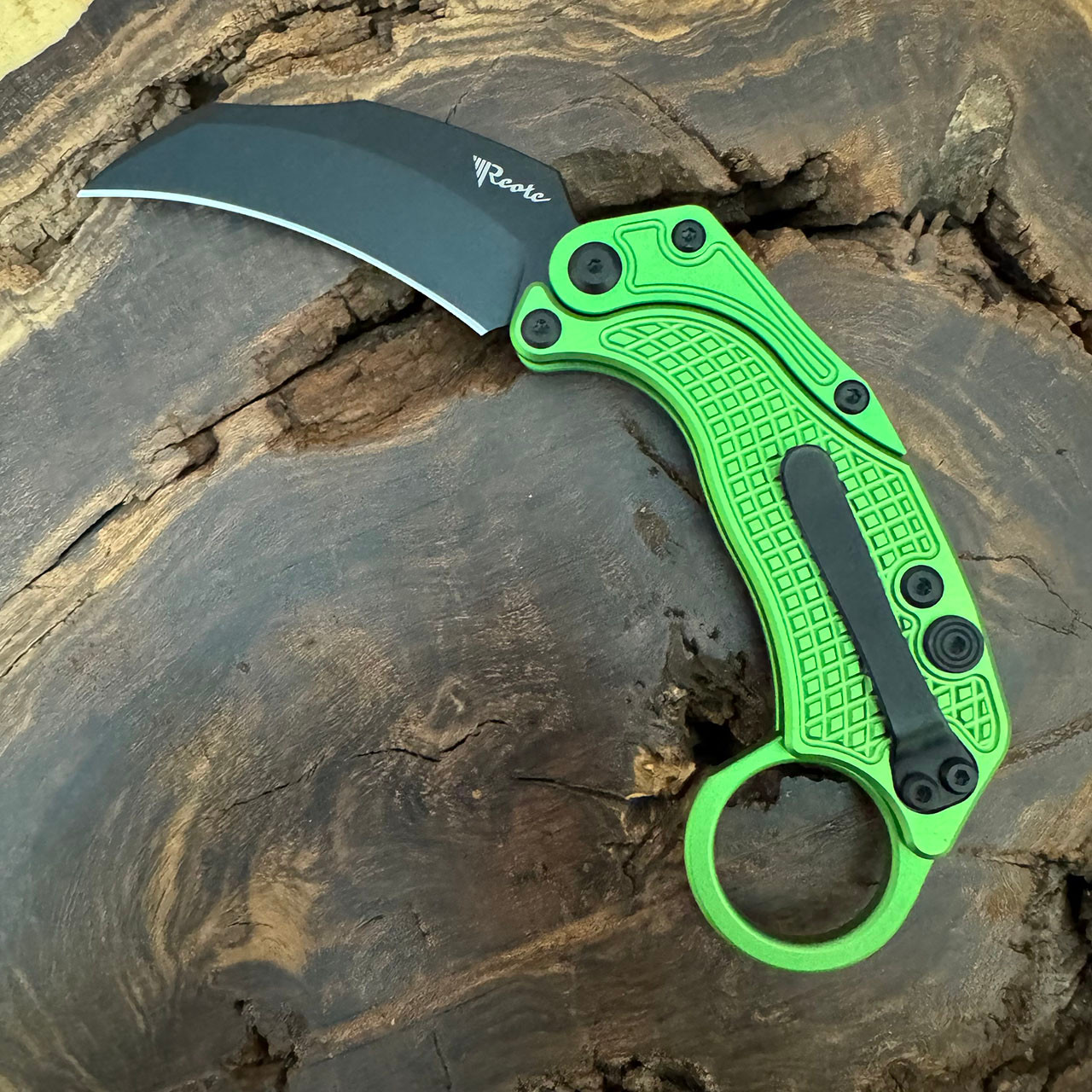 Reate Knives EXO-K Button Lock Karambit Gravity Knife Green Aluminum Handle Black  Blade w/ Trainer