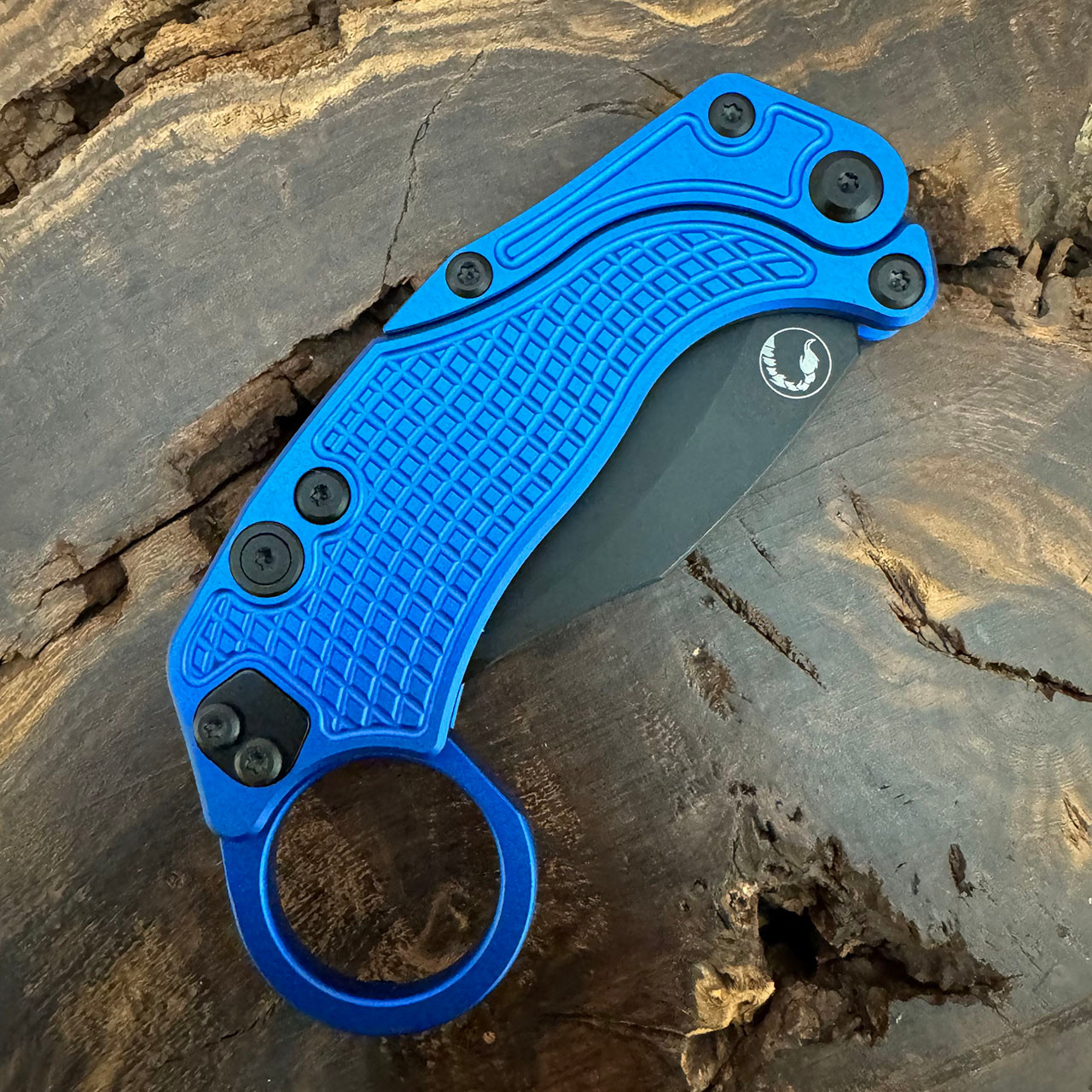 Reate Knives EXOK Button Lock Karambit Gravity Knife Blue Handle Black