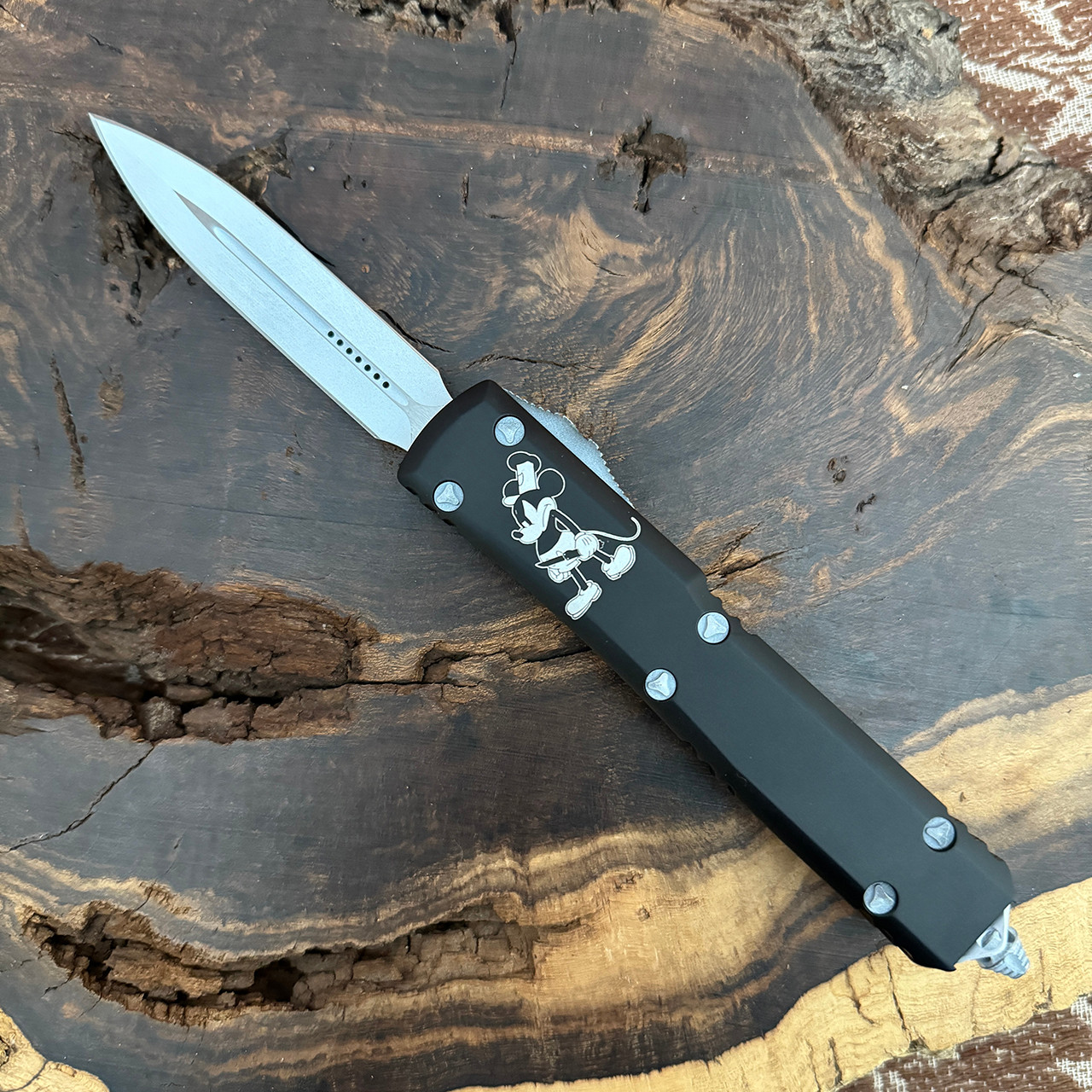 Microtech Ultratech D/E Steamboat Willie Black Handle Distressed