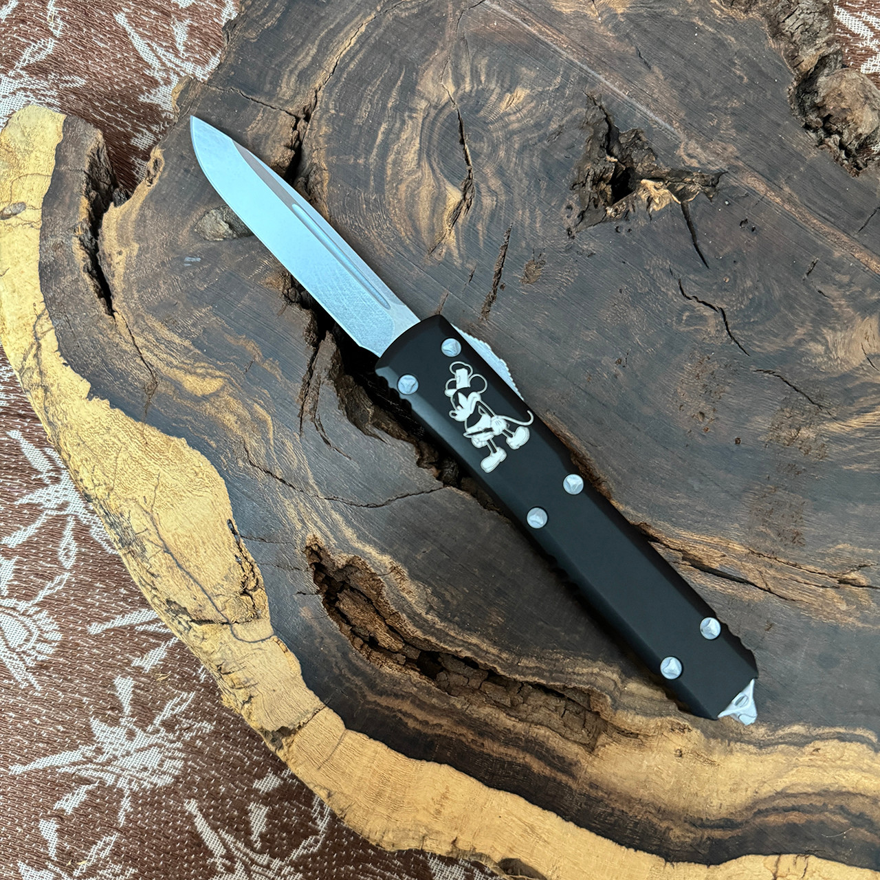 Microtech Ultratech S/E Steamboat Willie Black Handle Distressed