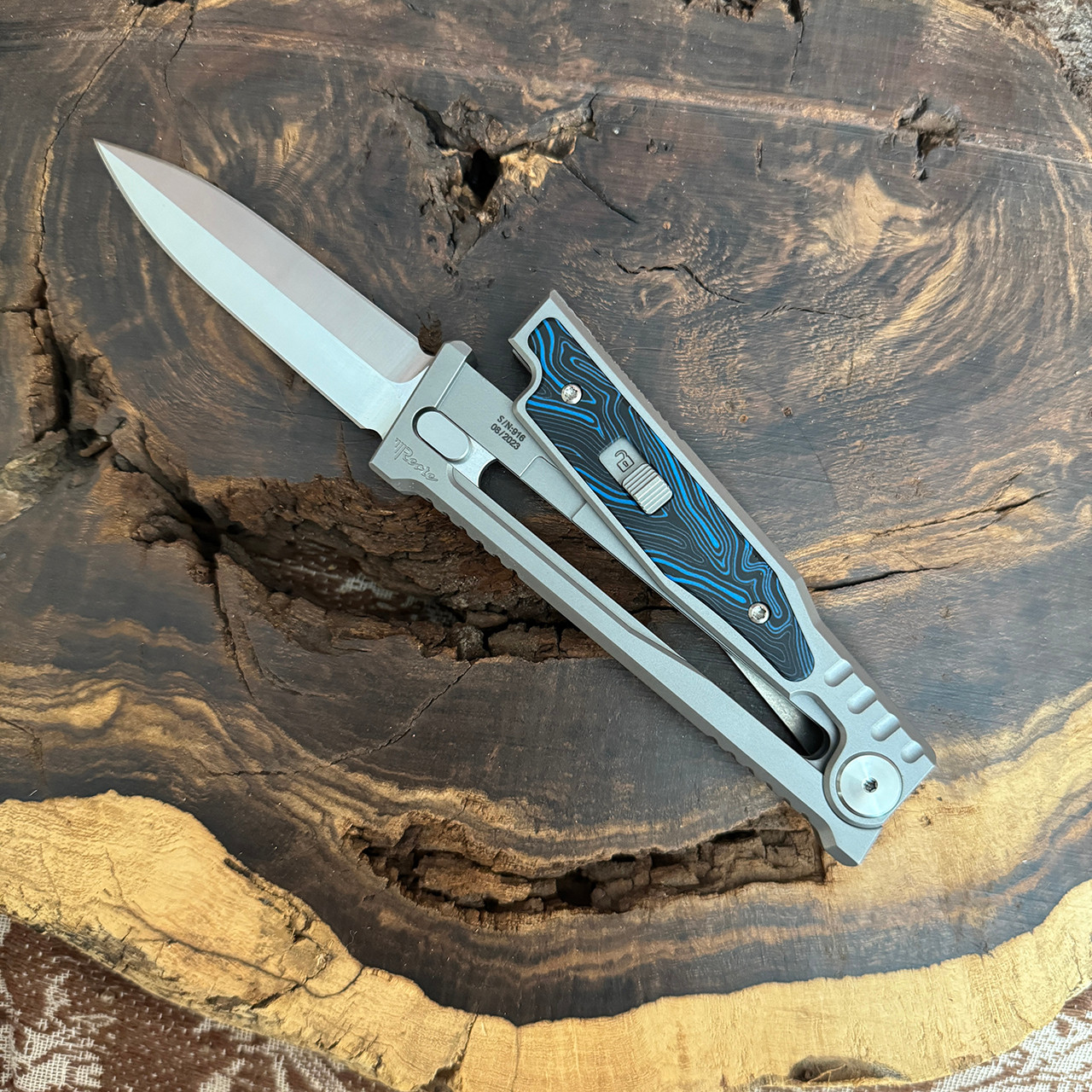 Reate EXO M D/E Gravity Knife Titanium Handle w/ Blue Black G10