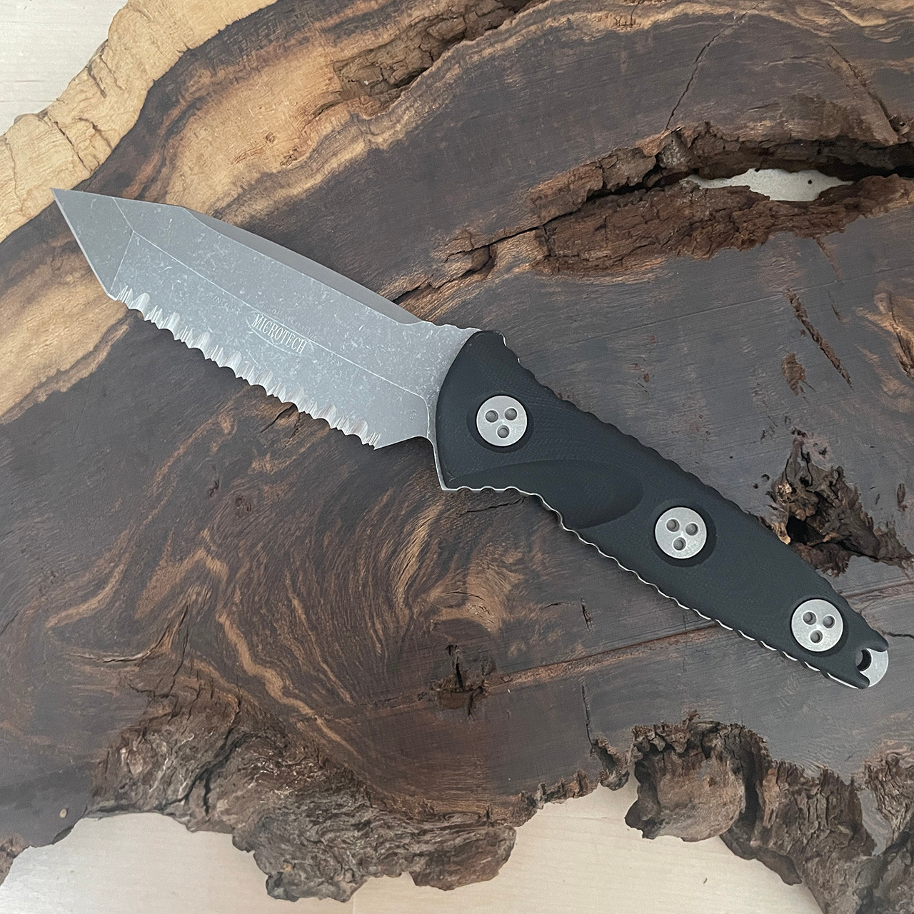 Microtech Socom Alpha Mini T/E Black Handle Apocalyptic Full Serrated ...