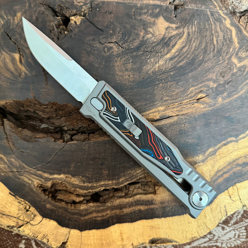 Reate EXO M S/E Gravity Knife Titanium Handle w/ Multi-Color G10 Damascus Pattern Inlay Satin Standard Blade