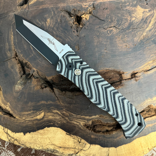 Pro-Tech Emerson CQC7 Auto Tanto Denim Stripe Unique Micarta Top Two-Tone DLC Blade Mosaic Button